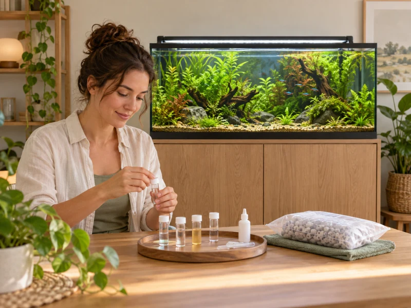 A person prepares aquarium water samples beside generic ceramic filter media.