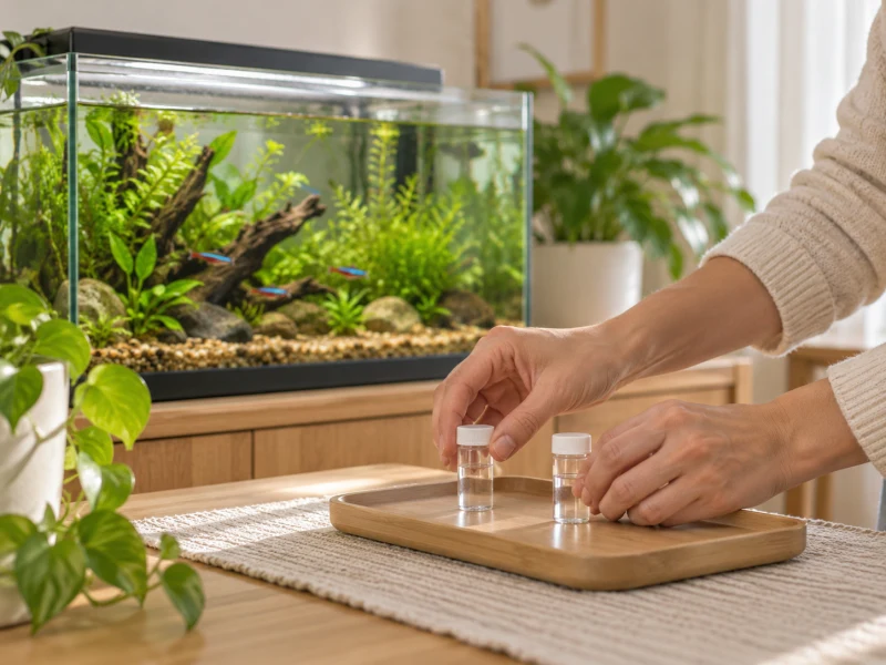 An adult prepares separate water samples on a dry tray.