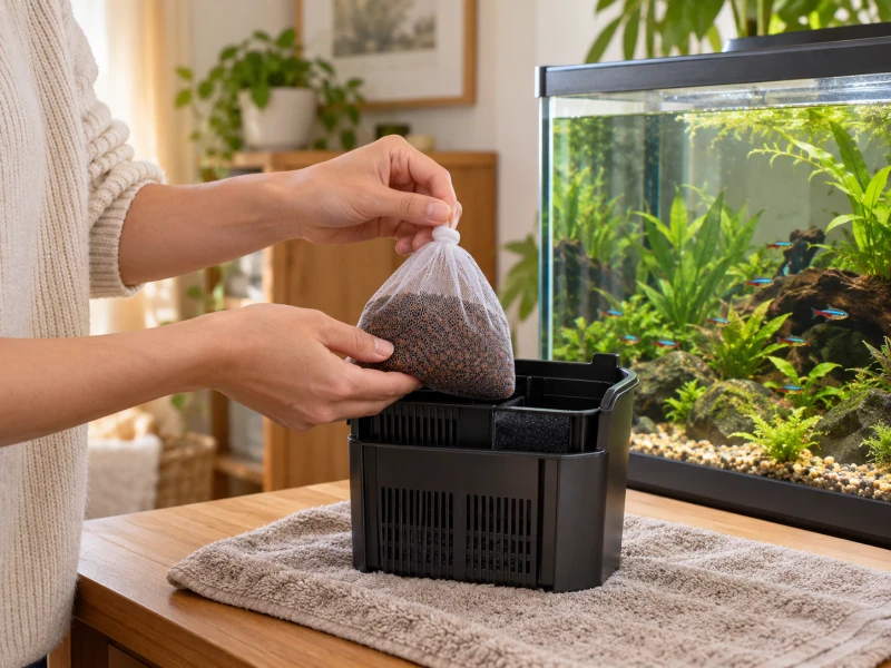 An adult checks a closed mesh bag of brown aquarium media.