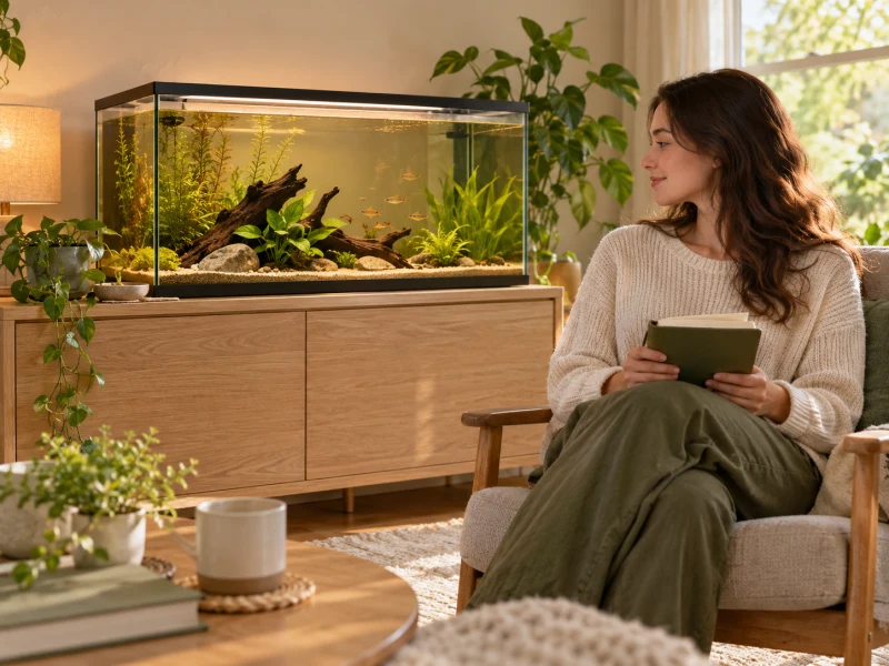 A person observes an aquarium while holding a closed notebook.