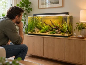 A person observes a lightly amber freshwater aquarium.