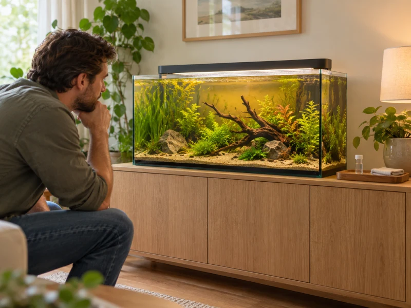 A person observes a lightly amber freshwater aquarium.