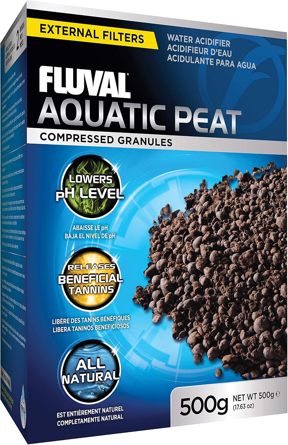 Original retailer photograph of the Fluval Aquatic Peat compressed-granules box, 500 g.