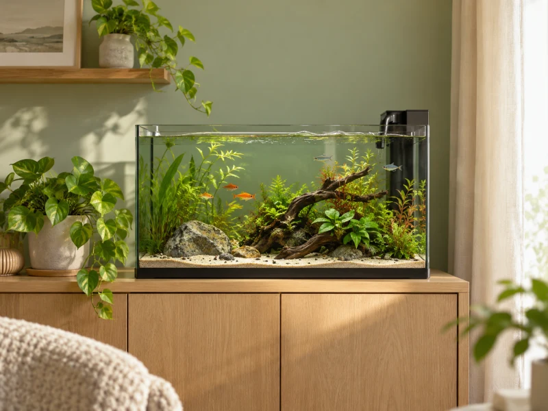 An adult observes gentle water movement from outside the glass.