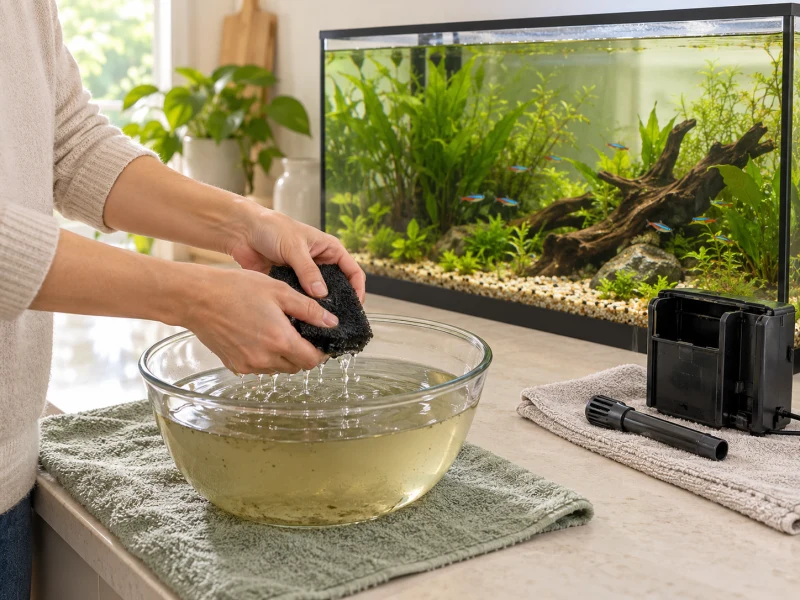 An adult rinses a separate small plain sponge in aquarium water.