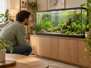 A person observes the surface of a freshwater aquarium.