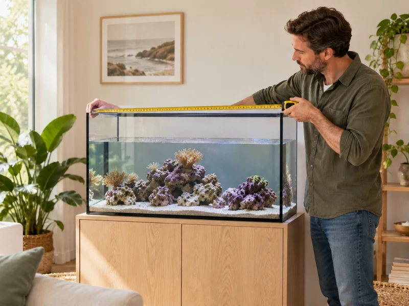 An adult checks space outside a marine aquarium.