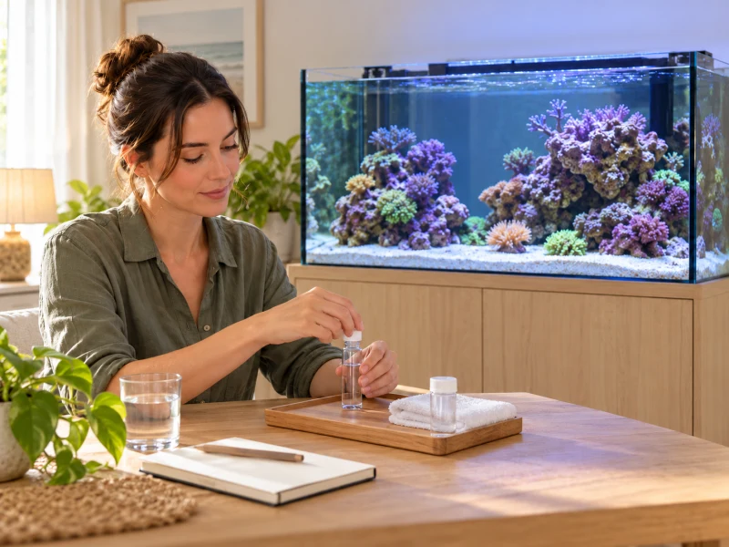 A person prepares a water sample beside a marine aquarium.