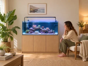A person assesses equipment space beside a marine aquarium.