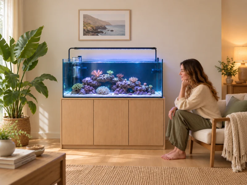 A person assesses equipment space beside a marine aquarium.