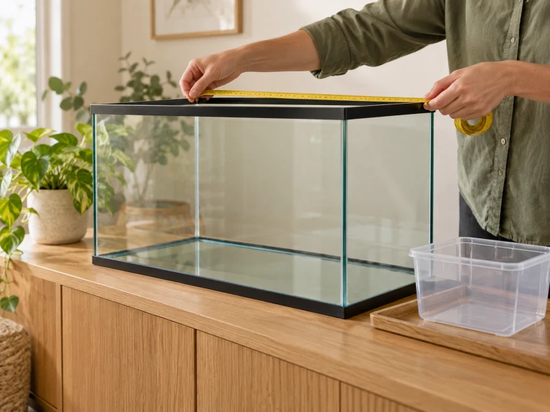 An adult checks the rim of an empty aquarium from outside.