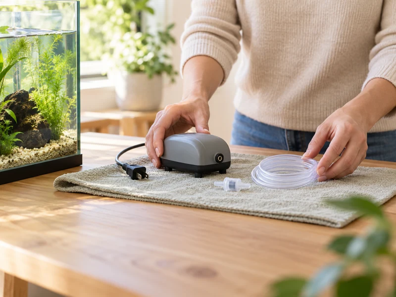 An adult prepares an unplugged air pump and plain tubing on a dry table.
