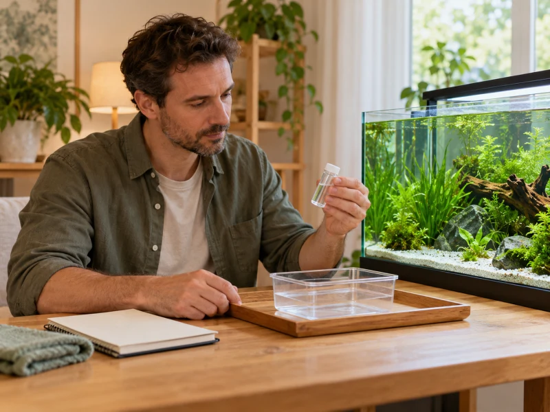 A person prepares a water sample beside an unoccupied clear holding container.