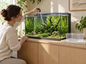 An adult checks an aquarium beside a separate unoccupied clear holding container.
