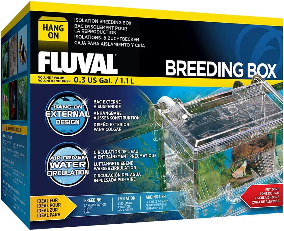 Original retailer photograph of the Fluval Hang-On Breeding Box package marked 0.3 US gallon, 1.1 L.