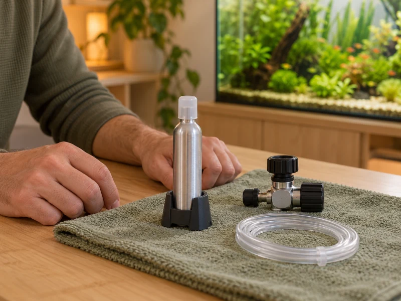 An adult inspects separate closed CO2 supplies on a dry work surface.