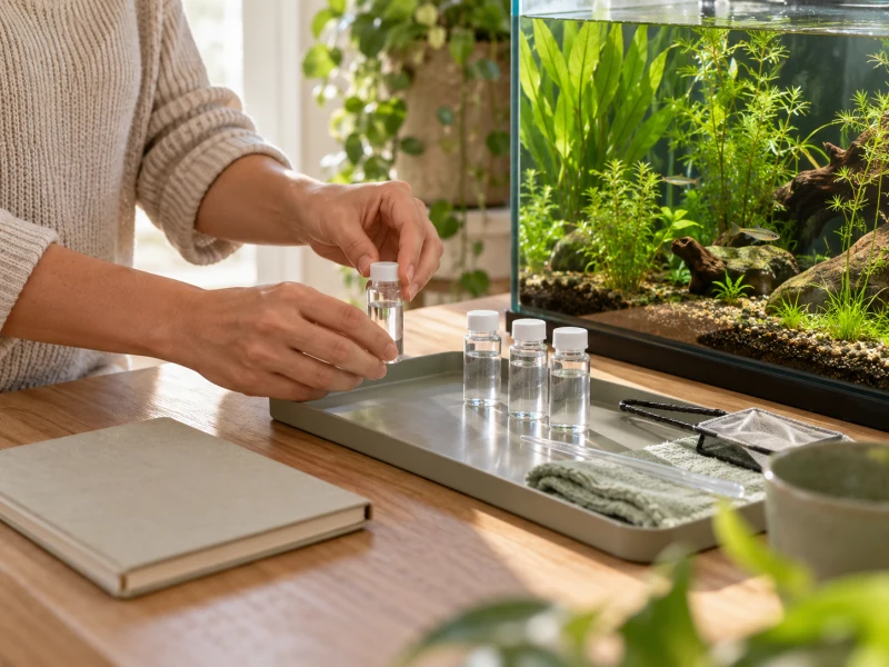 An adult prepares capped water samples on a separate tray.
