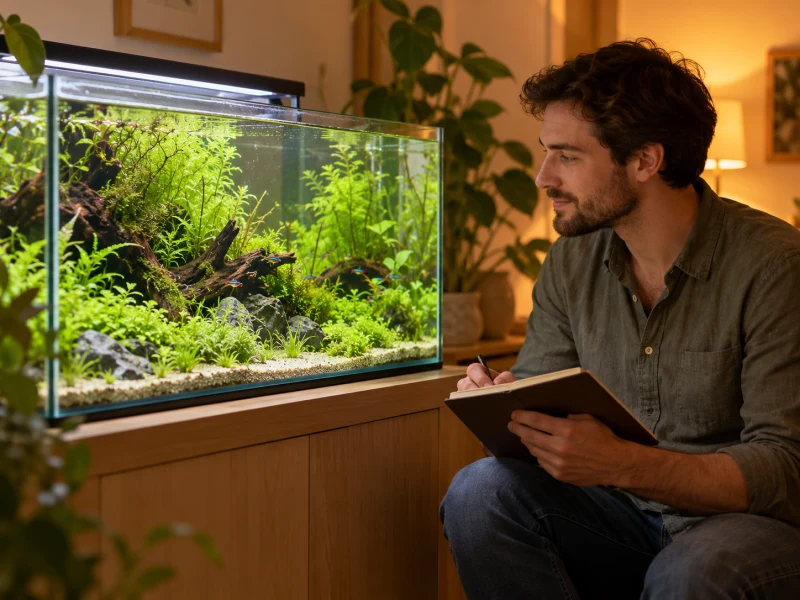 A person observes a planted aquarium while recording notes.