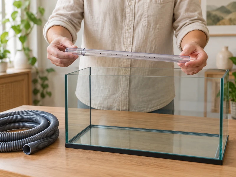 An adult checks a separate plain spray bar beside an empty aquarium.