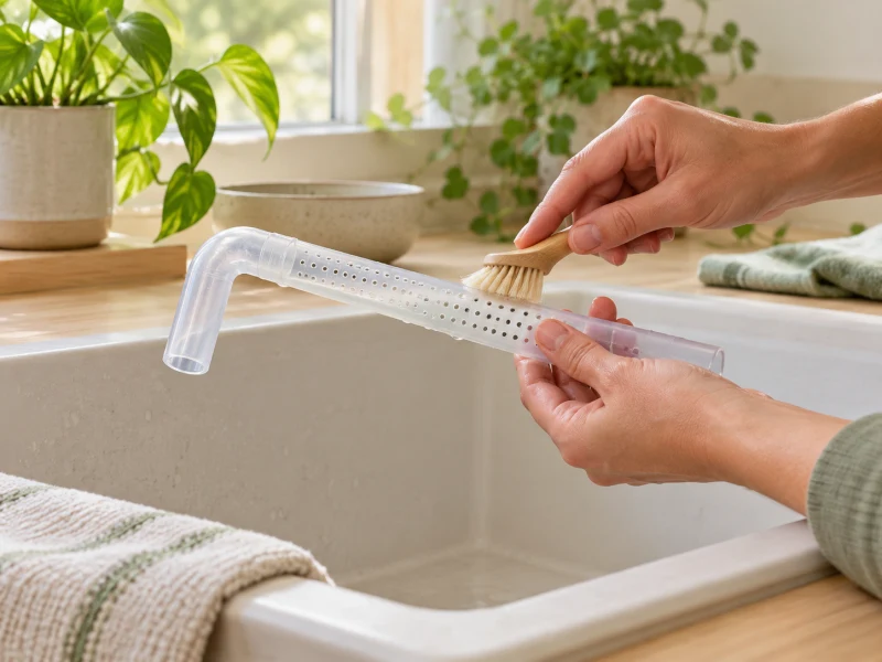 An adult gently cleans a separate plain outlet tube with a soft brush.