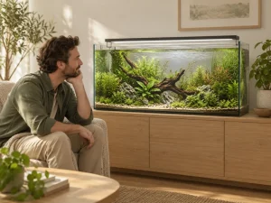 A person observes gentle movement at an aquarium’s surface.
