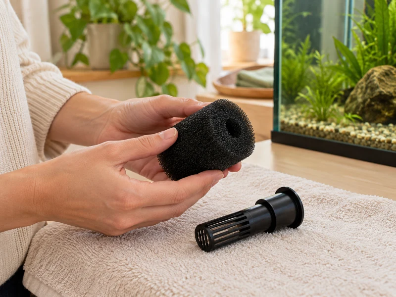 An adult compares a plain sponge and a separate intake strainer.