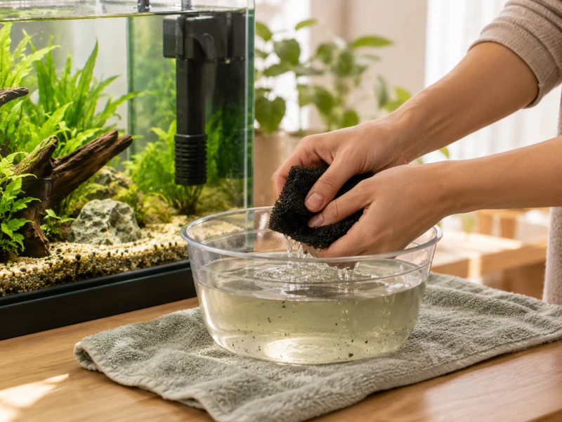 An adult rinses a separate plain sponge in aquarium water.