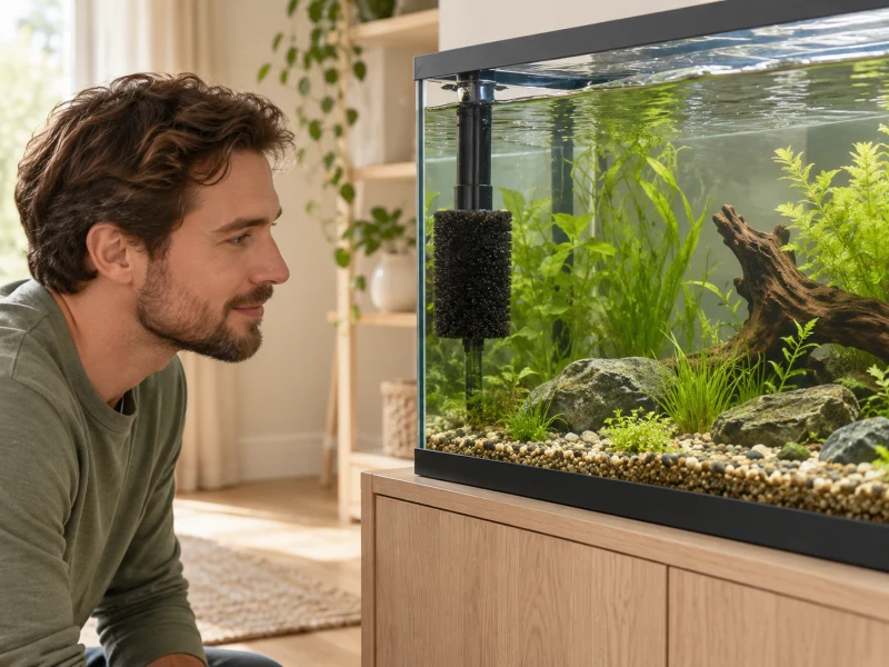A person observes aquarium equipment from outside the glass.