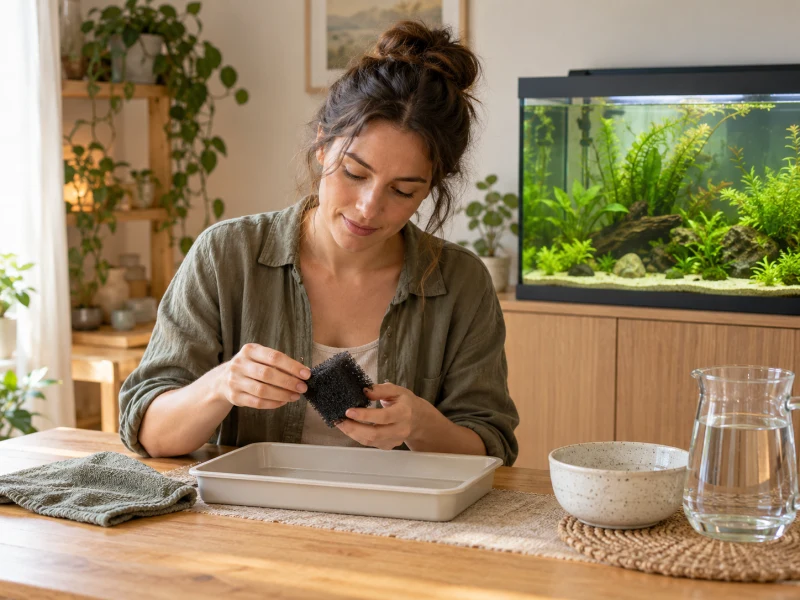 An adult considers a small plain intake sponge beside an aquarium.