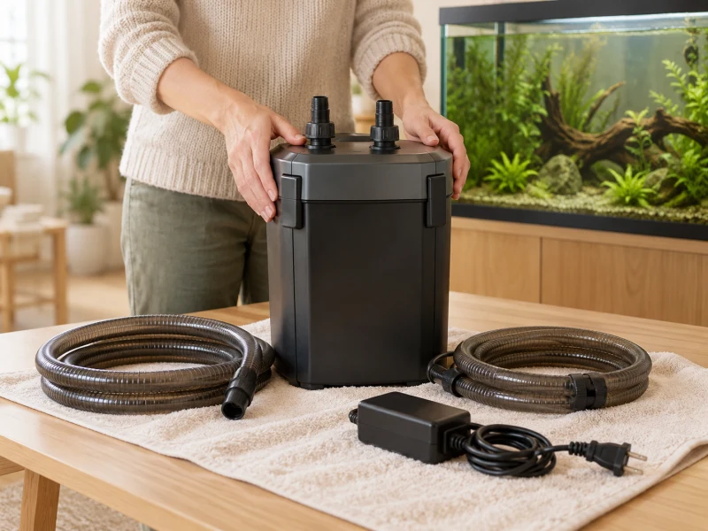 An adult checks a closed unpowered generic in-line device on a dry table.