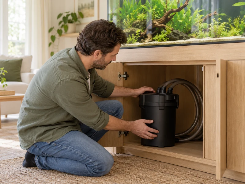 An adult checks dry cabinet space and disconnected hoses.