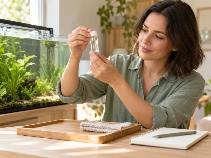 An adult prepares a capped aquarium water sample on a separate tray.