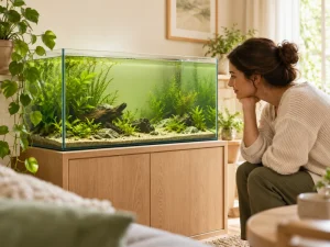 A person considers a mildly green-tinted aquarium before choosing equipment.