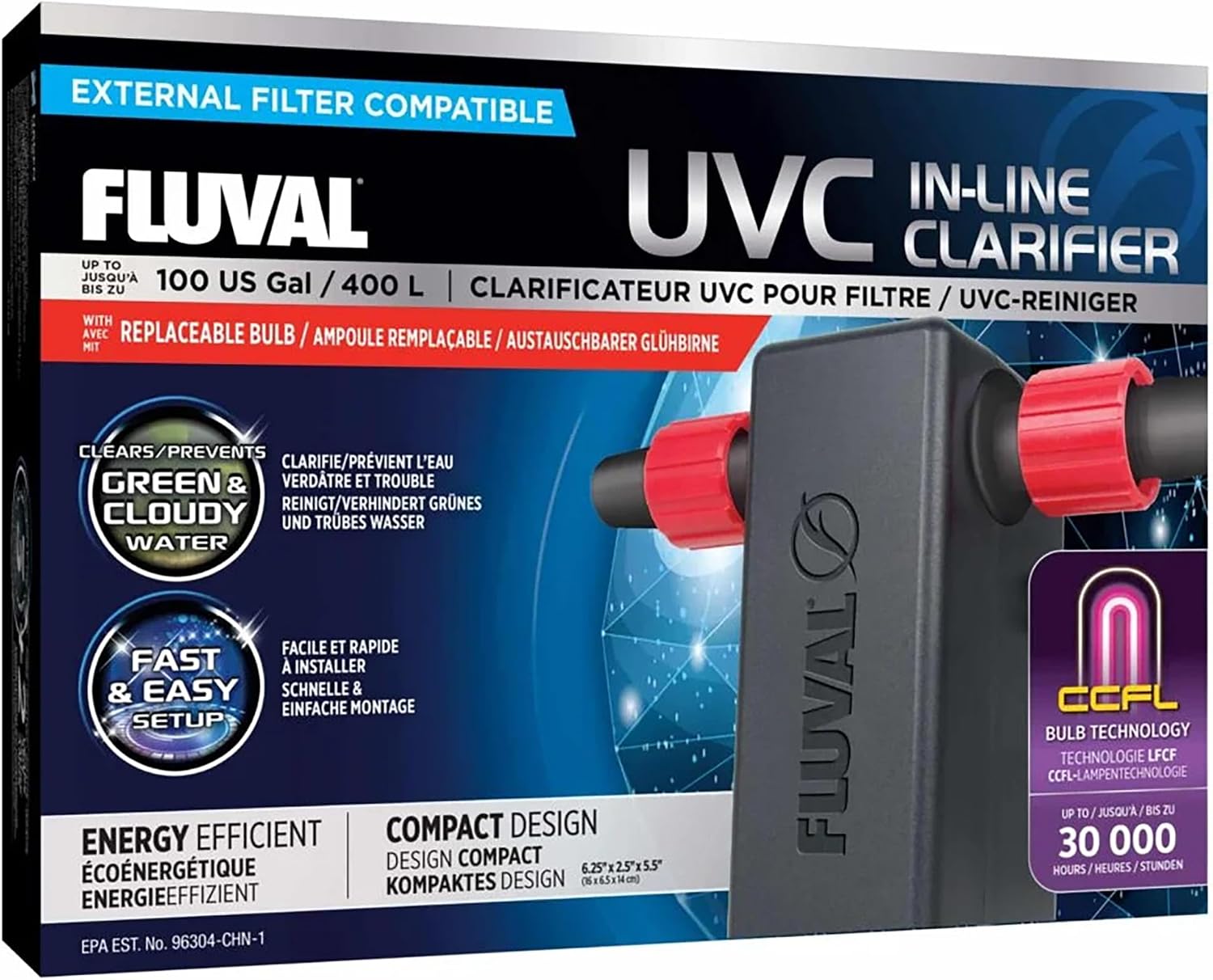 Original package photograph of the Fluval UV sterilizer listing’s in-line UVC clarifier.