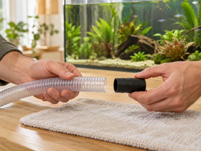 An adult compares a separate ribbed hose end and a plain rubber adapter.