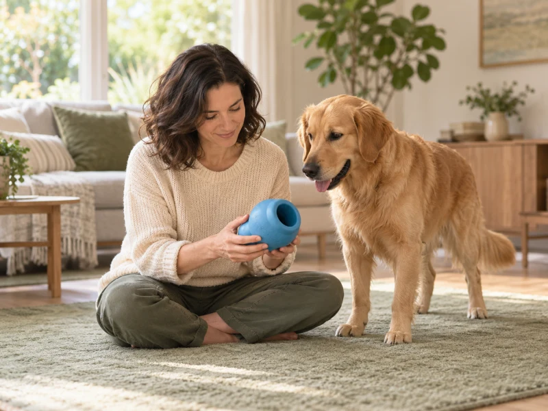 Adult hands inspect a plain rubber toy before play.