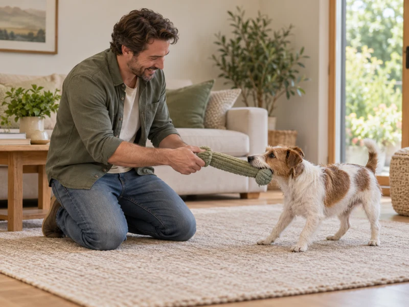 An adult and dog share a gentle game at floor level.