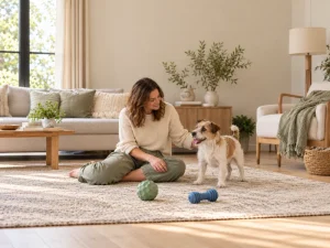 Adult and terrier beside two plain dog toys in a generic home scene.