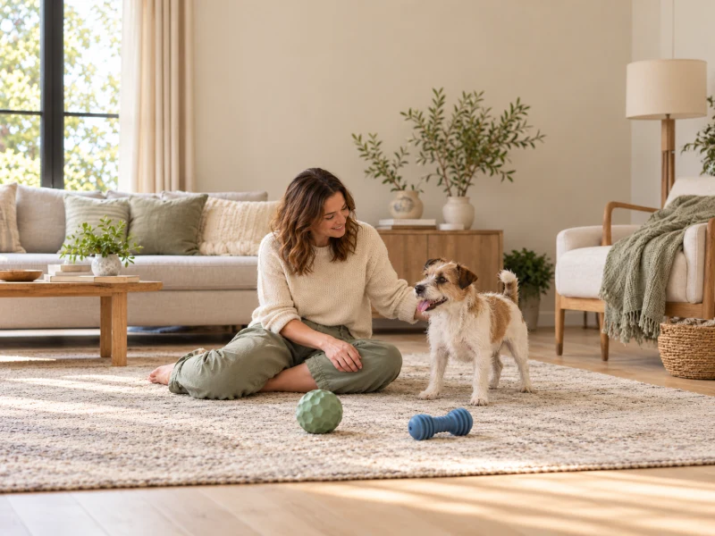 Adult and terrier beside two plain dog toys in a generic home scene.
