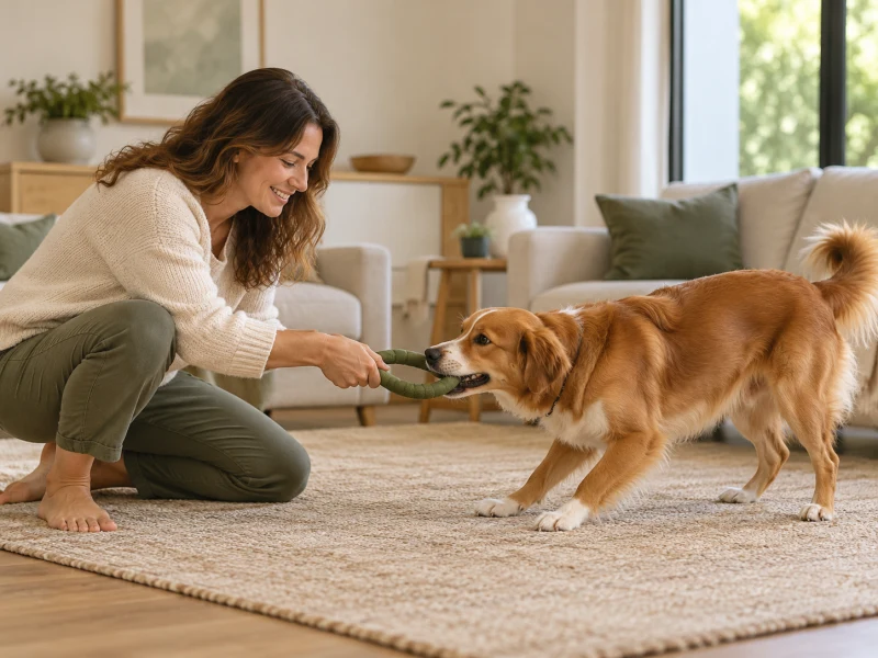 An adult keeps a gentle tug game low to the floor.