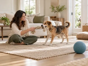 Adult and dog share a tug game beside a separate ball illustrating interactive dog toys.