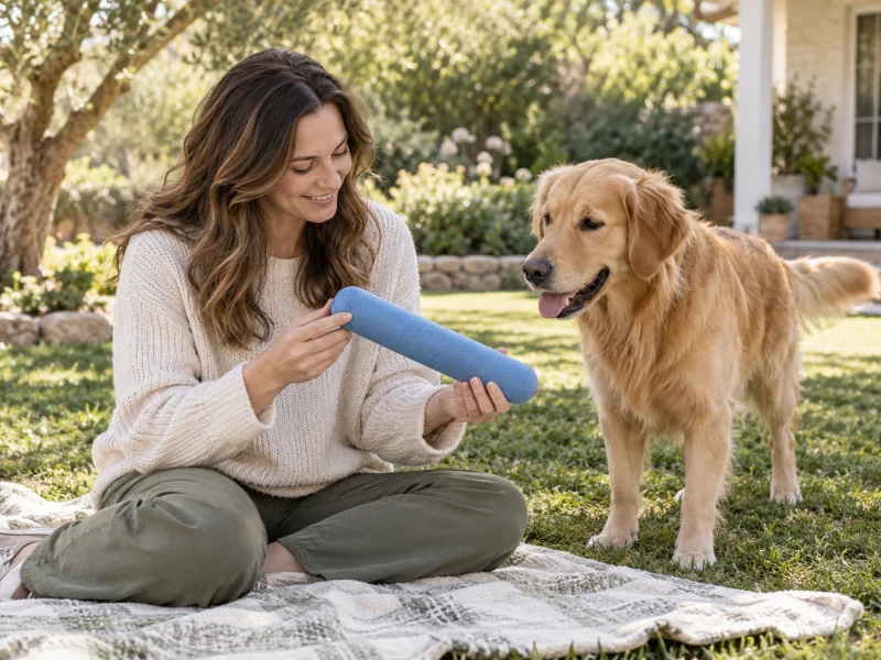 Adult hands inspect a flexible retrieval toy.