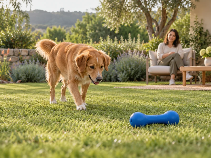 A dog approaches a toy lying on level grass while an adult watches.