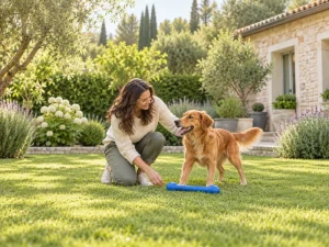 Adult and dog pause beside a plain retrieval toy while choosing fetch dog toys.