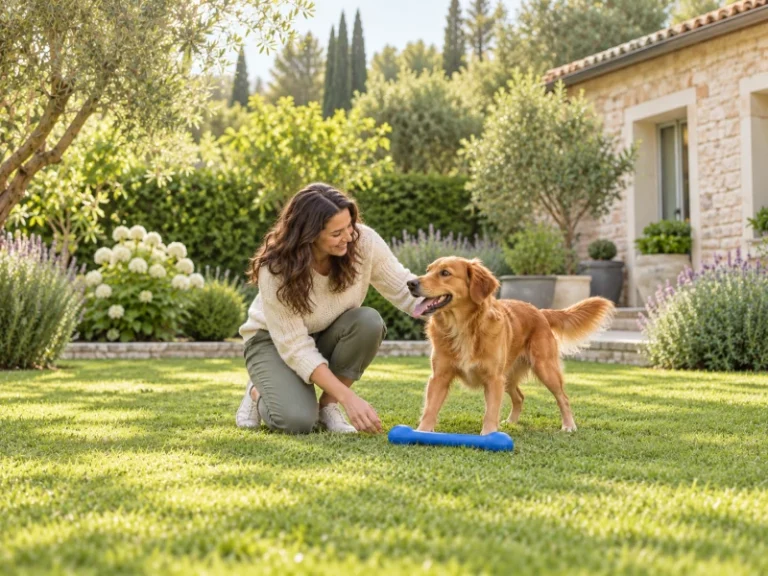 Adult and dog pause beside a plain retrieval toy while choosing fetch dog toys.