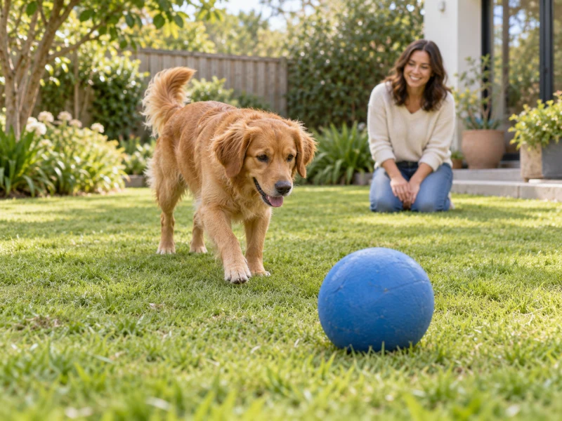A dog approaches a ball on level ground under supervision.