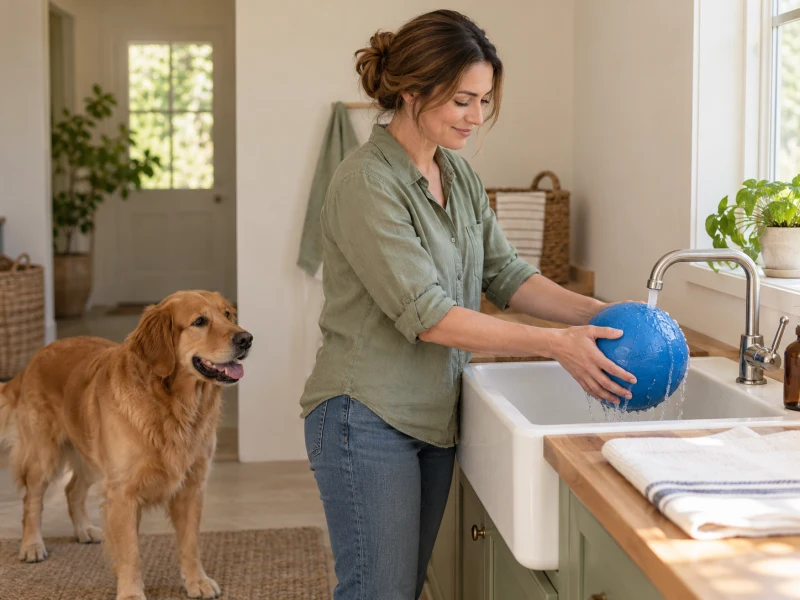 An adult rinses a separate plain ball at a utility sink.