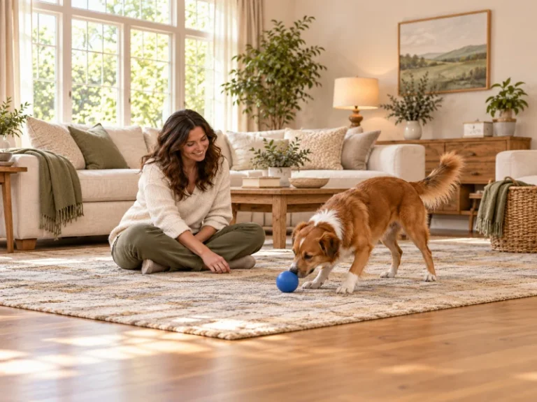 An adult observes a calm dog beside a large plain rubber ball.
