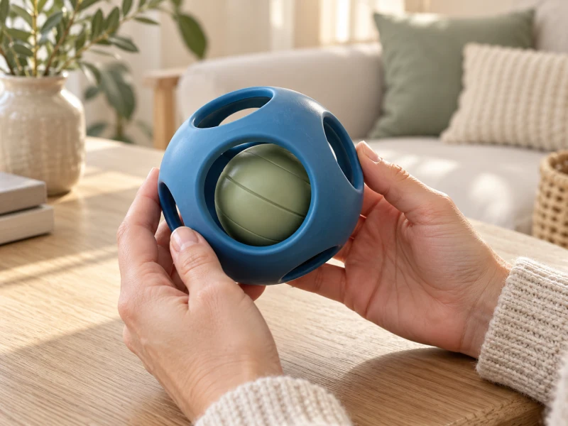 Adult hands show the inner ball through a generic spherical toy’s openings.