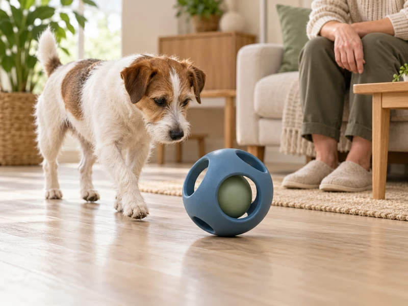 A terrier approaches a spherical toy containing a separate inner ball.